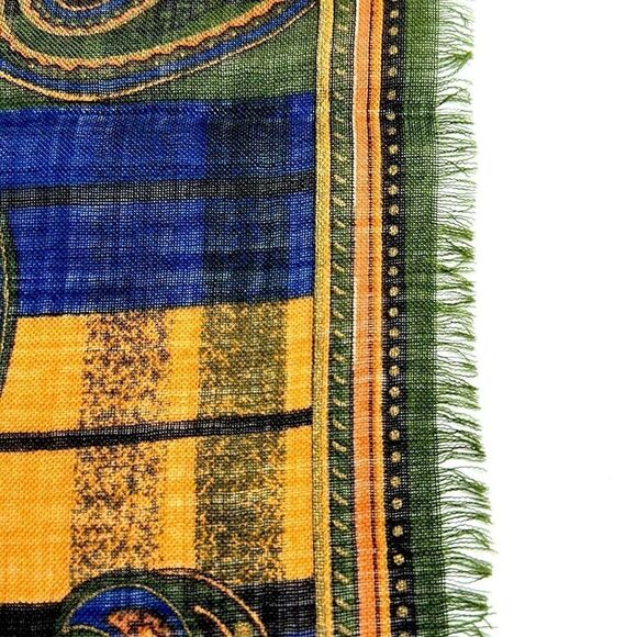 Albert Nipon Wool Square Scarf Shawl Green Blue Yellow Paisley 44x44” Vtg - Picture 10 of 11